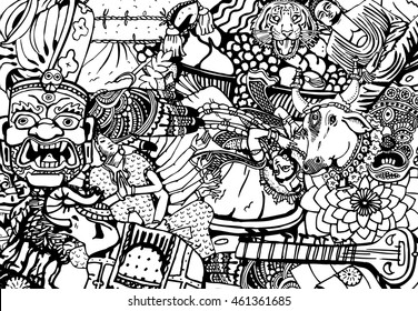 Hand Drawn Black and White India Collage