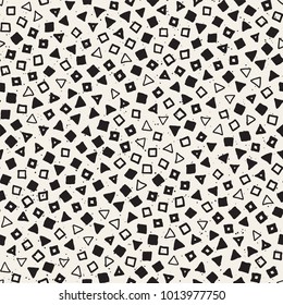 Hand drawn black and white ink abstract seamless pattern. Vector stylish grunge texture. Monochrome geometric scattered shapes paint brush lines
