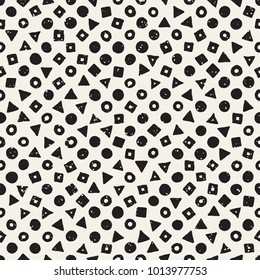 Hand drawn black and white ink abstract seamless pattern. Vector stylish grunge texture. Monochrome geometric scattered shapes paint brush lines