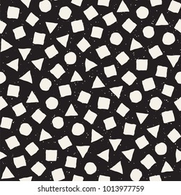 Hand drawn black and white ink abstract seamless pattern. Vector stylish grunge texture. Monochrome geometric scattered shapes paint brush lines
