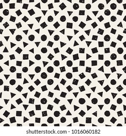 Hand drawn black and white ink abstract seamless pattern. Vector stylish grunge texture. Monochrome geometric scattered shapes paint brush lines