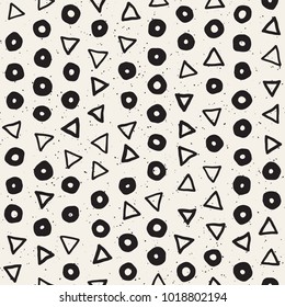 Hand drawn black and white ink abstract seamless pattern. Vector stylish grunge texture. Monochrome geometric scattered shapes paint brush lines