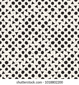 Hand drawn black and white ink abstract seamless pattern. Vector stylish grunge texture. Monochrome geometric scattered shapes paint brush lines