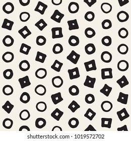 Hand drawn black and white ink abstract seamless pattern. Vector stylish grunge texture. Monochrome geometric scattered shapes paint brush lines
