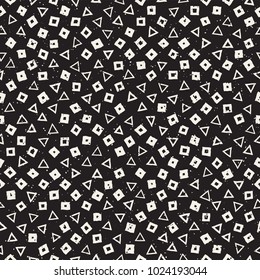 Hand drawn black and white ink abstract seamless pattern. Vector stylish grunge texture. Monochrome geometric scattered shapes paint brush lines
