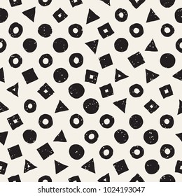 Hand drawn black and white ink abstract seamless pattern. Vector stylish grunge texture. Monochrome geometric scattered shapes paint brush lines