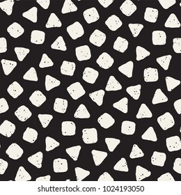 Hand drawn black and white ink abstract seamless pattern. Vector stylish grunge texture. Monochrome geometric scattered shapes paint brush lines