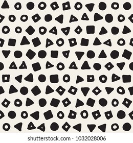 Hand drawn black and white ink abstract seamless pattern. Vector stylish grunge texture. Monochrome geometric scattered shapes