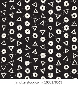 Hand drawn black and white ink abstract seamless pattern. Vector stylish grunge texture. Monochrome geometric scattered shapes