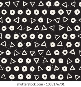 Hand drawn black and white ink abstract seamless pattern. Vector stylish grunge texture. Monochrome geometric scattered shapes paint brush lines