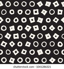 Hand drawn black and white ink abstract seamless pattern. Vector stylish grunge texture. Monochrome geometric scattered shapes paint brush lines