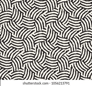 Hand drawn black and white ink striped seamless pattern. Vector grunge lattice texture. Monochrome brush painted strokes lines background
