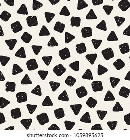 Hand drawn black and white ink abstract seamless pattern. Vector stylish grunge texture. Monochrome geometric scattered shapes paint brush lines