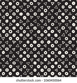 Hand drawn black and white ink abstract seamless pattern. Vector stylish grunge texture. Monochrome geometric scattered shapes paint brush lines