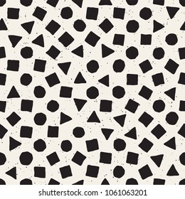 Hand drawn black and white ink abstract seamless pattern. Vector stylish grunge texture. Monochrome geometric scattered shapes paint brush lines