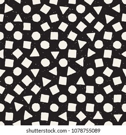 Hand drawn black and white ink abstract seamless pattern. Vector stylish grunge texture. Monochrome geometric scattered shapes paint brush lines