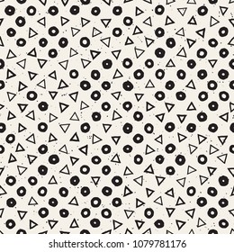 Hand drawn black and white ink abstract seamless pattern. Vector stylish grunge texture. Monochrome geometric scattered shapes paint brush lines