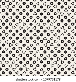 Hand drawn black and white ink abstract seamless pattern. Vector stylish grunge texture. Monochrome geometric scattered shapes paint brush lines