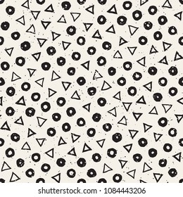 Hand drawn black and white ink abstract seamless pattern. Vector stylish grunge texture. Monochrome geometric scattered shapes paint brush lines