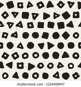 Hand drawn black and white ink abstract seamless pattern. Vector stylish grunge texture. Monochrome geometric scattered shapes paint brush lines