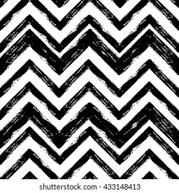 Hand drawn black and white ink abstract ZigZag striped seamless pattern. Vector grunge texture. Monochrome paint brush smears on white background.