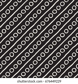 Hand drawn black and white ink abstract seamless pattern. Vector stylish grunge texture. Monochrome geometric shapes paint brush lines