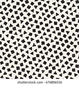 Hand drawn black and white ink abstract seamless pattern. Vector stylish grunge texture. Monochrome geometric scattered shapes paint brush lines