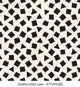 Hand drawn black and white ink abstract seamless pattern. Vector stylish grunge texture. Monochrome geometric scattered shapes paint brush lines