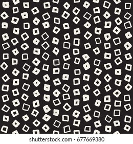 Hand drawn black and white ink abstract seamless pattern. Vector stylish grunge texture. Monochrome geometric scattered shapes paint brush lines