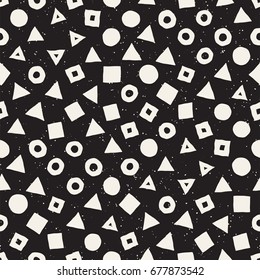 Hand drawn black and white ink abstract seamless pattern. Vector stylish grunge texture. Monochrome geometric scattered shapes paint brush lines