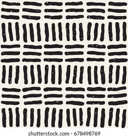 Hand drawn black and white ink abstract seamless pattern. Vector stylish grunge texture. Monochrome geometric shapes paint brush lines