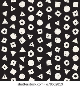 Hand drawn black and white ink abstract seamless pattern. Vector stylish grunge texture. Monochrome geometric scattered shapes paint brush lines