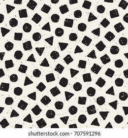 Hand drawn black and white ink abstract seamless pattern. Vector stylish grunge texture. Monochrome geometric scattered shapes paint brush lines