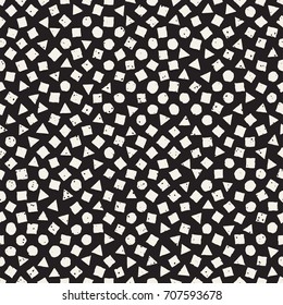 Hand drawn black and white ink abstract seamless pattern. Vector stylish grunge texture. Monochrome geometric scattered shapes paint brush lines