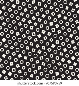Hand drawn black and white ink abstract seamless pattern. Vector stylish grunge texture. Monochrome geometric scattered shapes paint brush lines