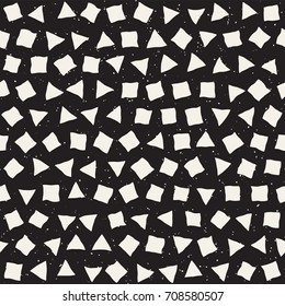 Hand drawn black and white ink abstract seamless pattern. Vector stylish grunge texture. Monochrome geometric scattered shapes paint brush lines