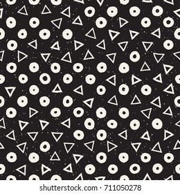 Hand drawn black and white ink abstract seamless pattern. Vector stylish grunge texture. Monochrome geometric scattered shapes paint brush lines