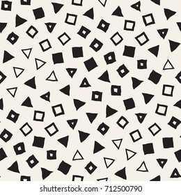 Hand drawn black and white ink abstract seamless pattern. Vector stylish grunge texture. Monochrome geometric scattered shapes paint brush lines