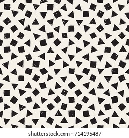 Hand drawn black and white ink abstract seamless pattern. Vector stylish grunge texture. Monochrome geometric scattered shapes paint brush lines