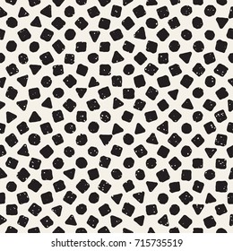 Hand drawn black and white ink abstract seamless pattern. Vector stylish grunge texture. Monochrome scattered shapes paint brush lines