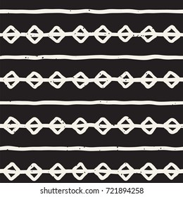 Hand drawn black and white ink abstract seamless pattern. Vector stylish grunge texture. Monochrome geometric shapes paint brush lines