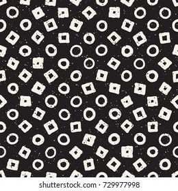 Hand drawn black and white ink abstract seamless pattern. Vector stylish grunge texture. Monochrome scattered shapes paint brush lines