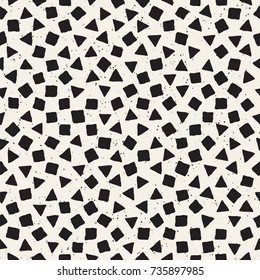 Hand drawn black and white ink abstract seamless pattern. Vector stylish grunge texture. Monochrome geometric scattered shapes paint brush lines