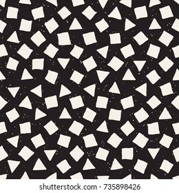 Hand drawn black and white ink abstract seamless pattern. Vector stylish grunge texture. Monochrome geometric scattered shapes paint brush lines
