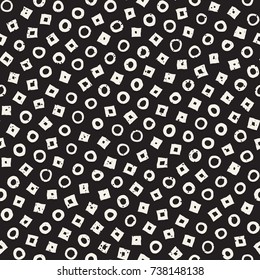 Hand drawn black and white ink abstract seamless pattern. Vector stylish grunge texture. Monochrome geometric scattered shapes paint brush lines