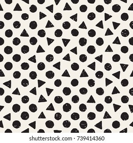 Hand drawn black and white ink abstract seamless pattern. Vector stylish grunge texture. Monochrome geometric scattered shapes paint brush lines