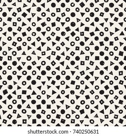 Hand drawn black and white ink abstract seamless pattern. Vector stylish grunge texture. Monochrome geometric scattered shapes paint brush lines
