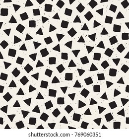 Hand drawn black and white ink abstract seamless pattern. Vector stylish grunge texture. Monochrome geometric scattered shapes paint brush lines