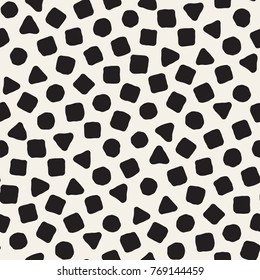 Hand drawn black and white ink abstract seamless pattern. Vector stylish grunge texture. Monochrome geometric scattered shapes paint brush lines