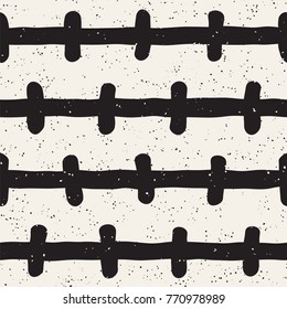 Hand drawn black and white ink abstract seamless pattern. Vector stylish grunge texture. Monochrome geometric shappes paint brush lines